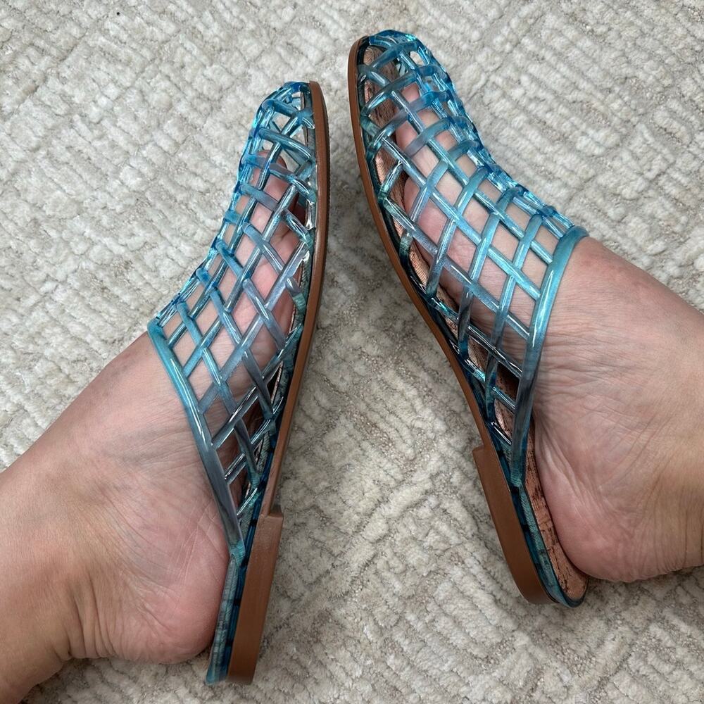 Blue Clear Jelly Flat Slide Sandals Mesh Slip On Flat Beach Sandals Summer